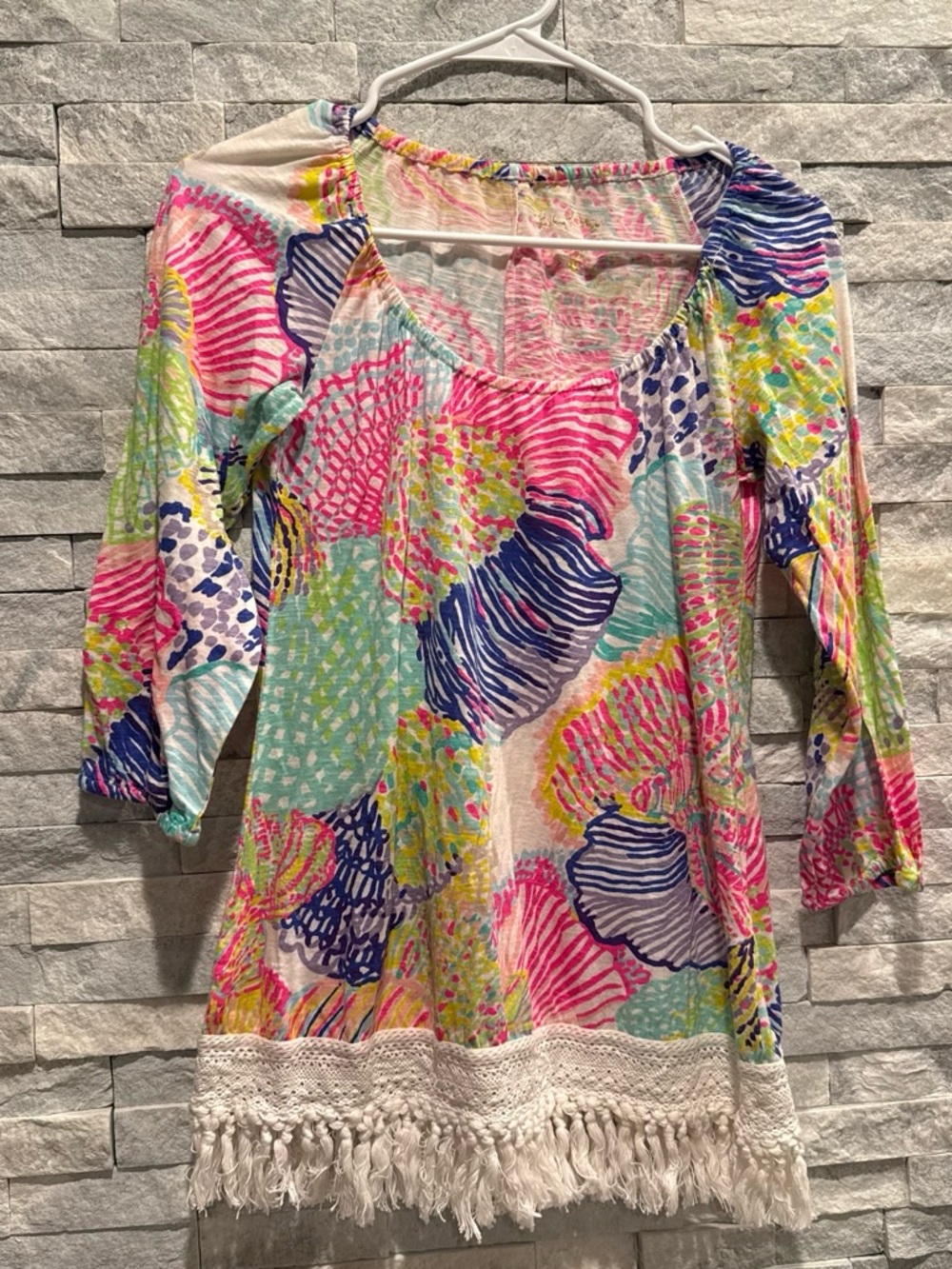 Lilly Pulitzer Women’s Multicolor Shell-Print Tunic Top with Fringe